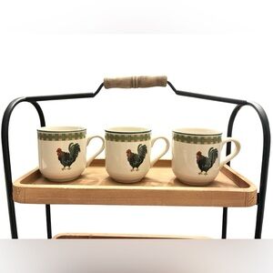 Set of 3 Cream Rooster Mugs with Green Accent
